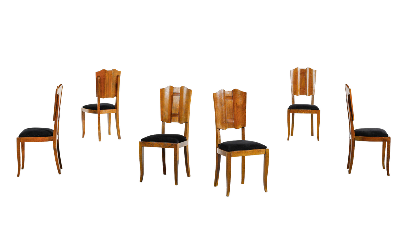 1940s Italian carved oakwood & velvet dining chairs