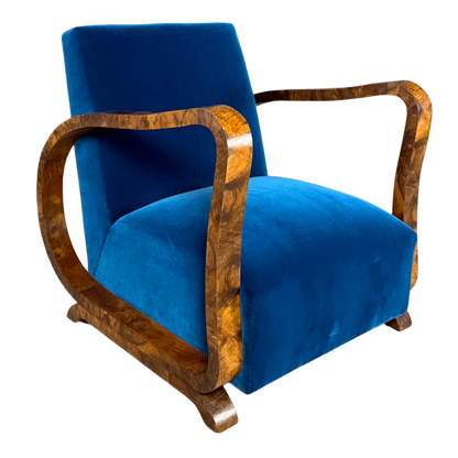1930s European : pair figural burl walnut Art Deco armchairs