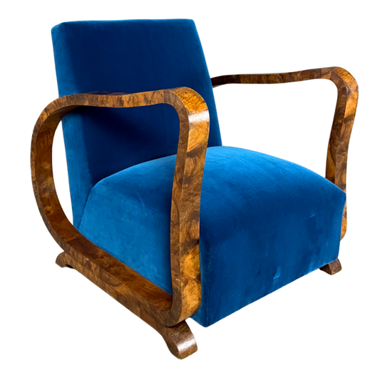 1930s European : pair figural burl walnut Art Deco armchairs