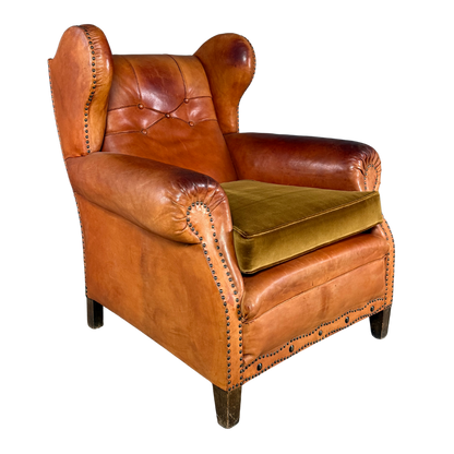 1950 Danish : cognac leather English style wingback clubchair
