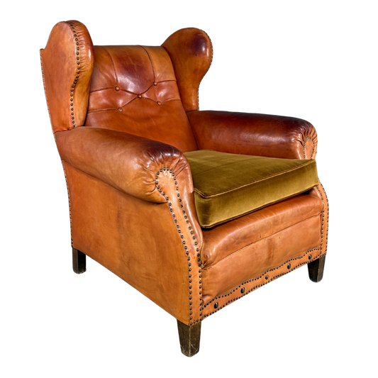 1950 Danish : cognac leather English style wingback clubchair