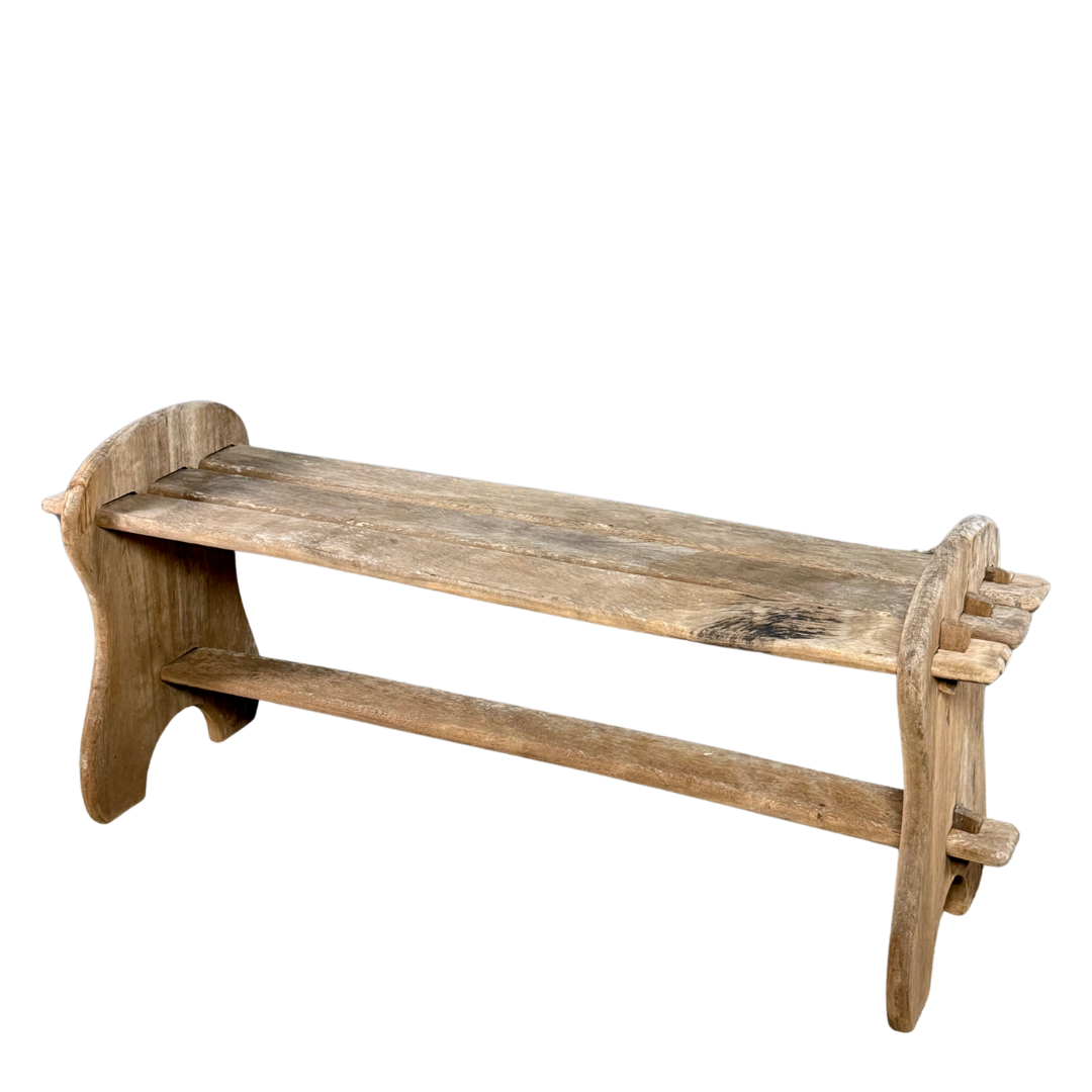 1940s French : "modern rustique" brutalist solid chestnut trestle bench