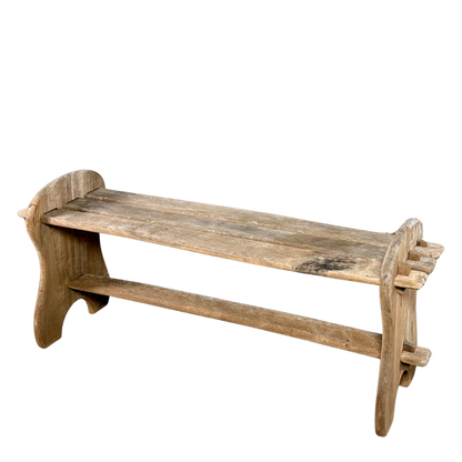 1940s French : "modern rustique" brutalist solid chestnut trestle bench