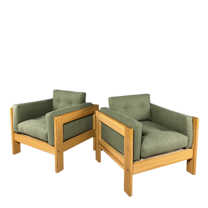 Pair 1980s European : solid pinewood square-frame armchairs