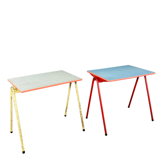 1950s French : pair small formica and lacquered steel school tables