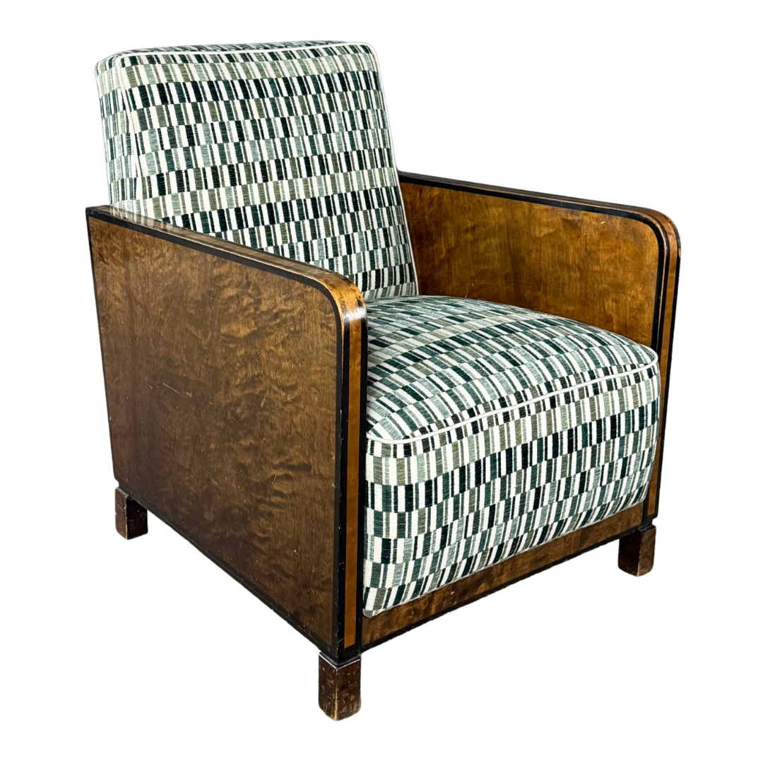 1940s European : pair post Art Deco functionalist armchairs in burl walnut