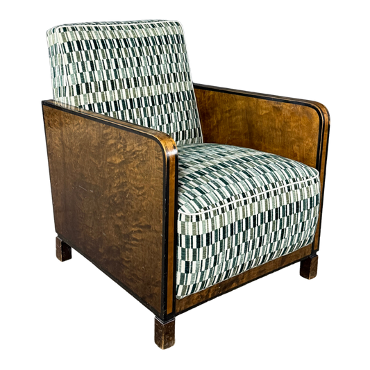 1940s European : pair post Art Deco functionalist armchairs in burl walnut