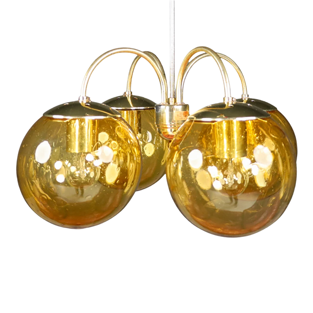 1960s Czech : golden 4-globe chandelier from Prague