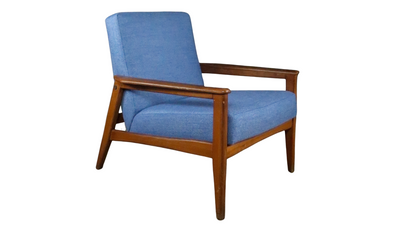 1960s Danish solid teak armchair, new blue upholstery