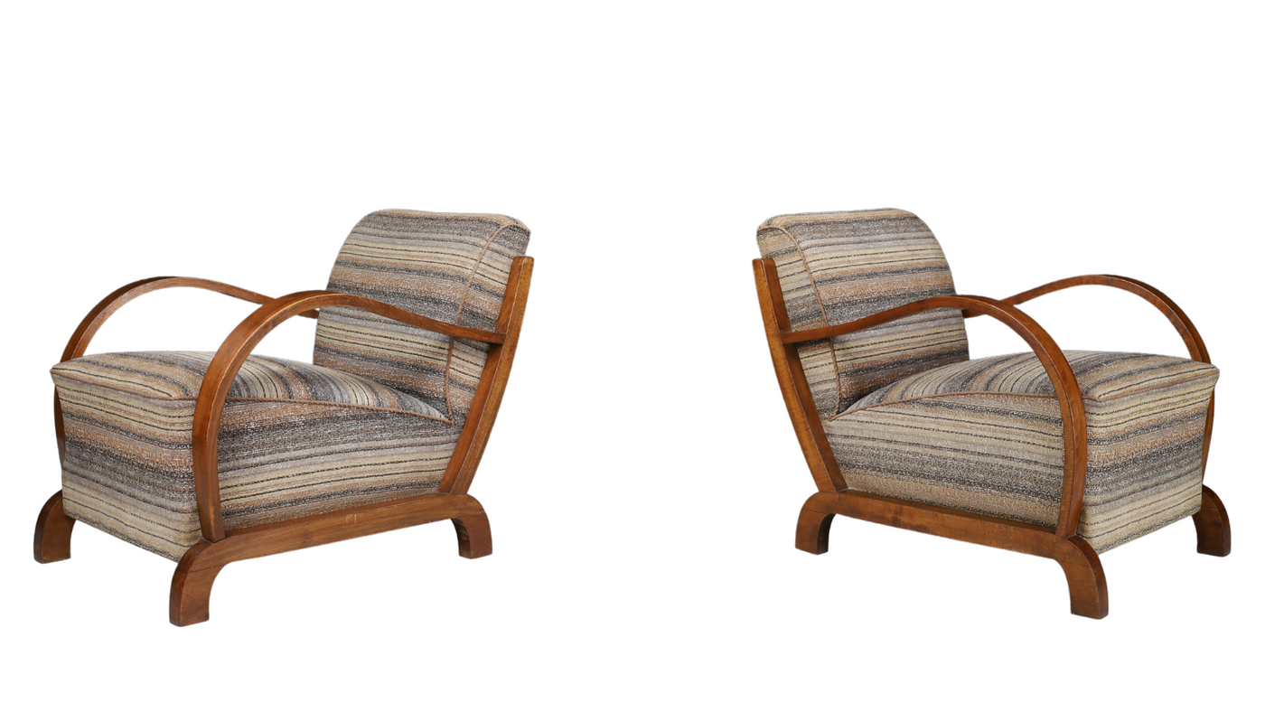 Late 1930s Czech bentwood & striped wool lounge chair