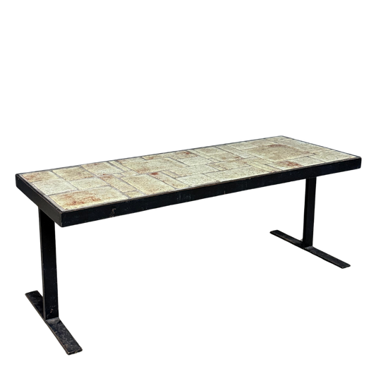 1970s French : blackened iron coffee table w/ceramic tile top