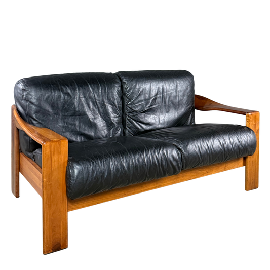 1970s Mobilgirgi S.p.a. : architectural black leather 2-seat sofa, Italy