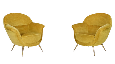 1950s pair Federico Munari velvet and brass armchairs