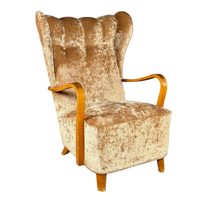 1950s Swedish : gold velvet tall back bergère armchair