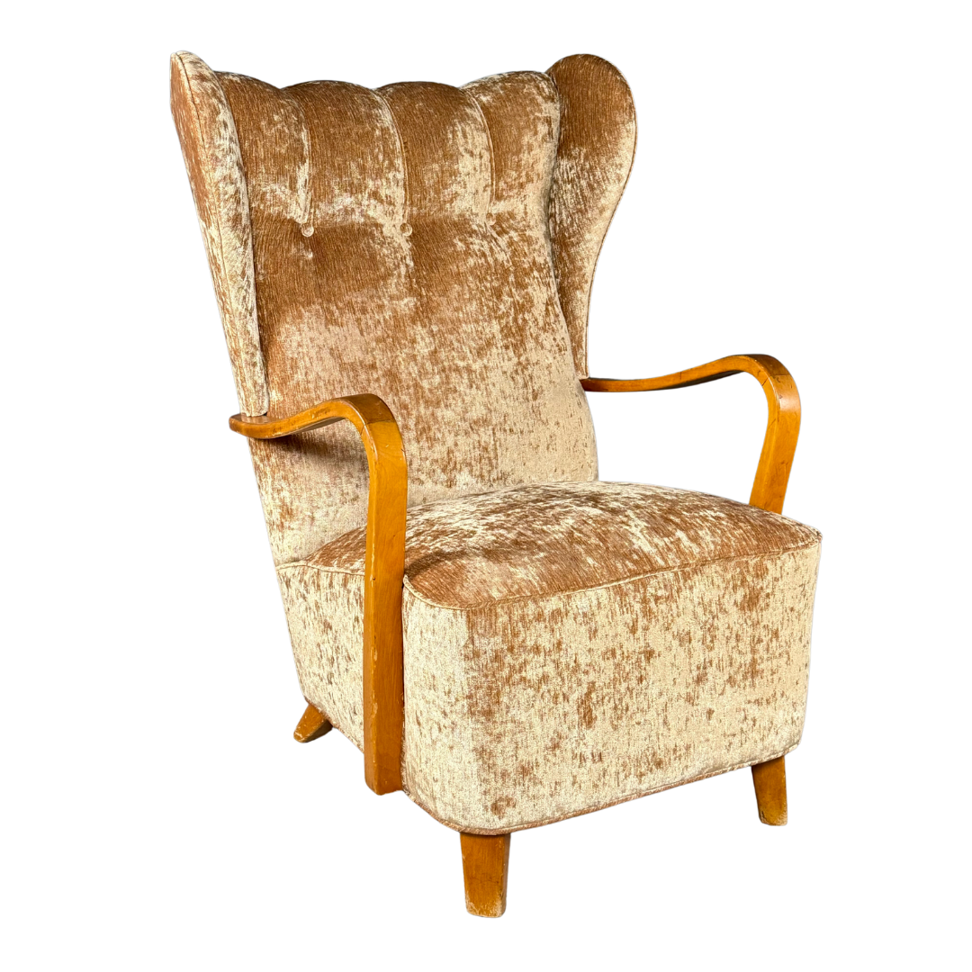 1950s Swedish : gold velvet tall back bergère armchair