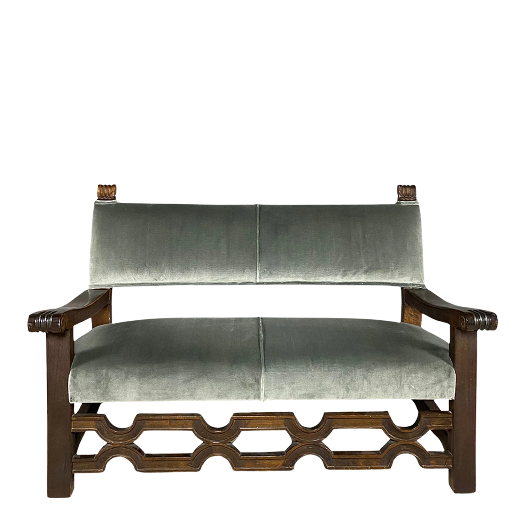 c1915 Northern Italian : carved walnut and velvet settee