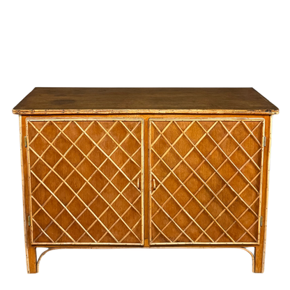 1950s French : quarter sewn oak cabinet with lattice bamboo