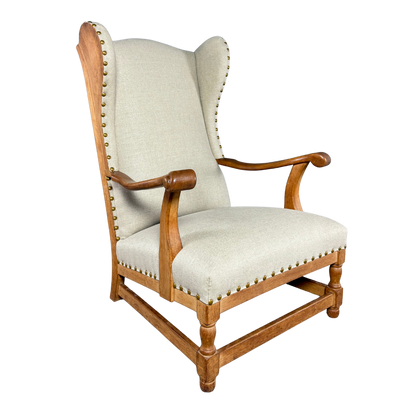 1940s Danish : solid oakwood tall wingback armchair w/ new upholstery