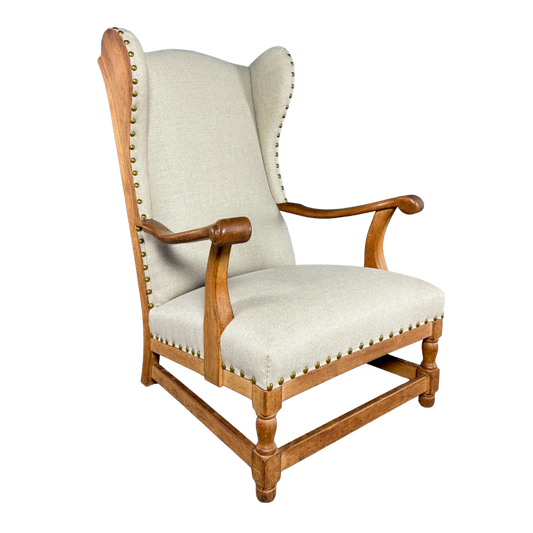 1940s Danish : solid oakwood tall wingback armchair w/ new upholstery