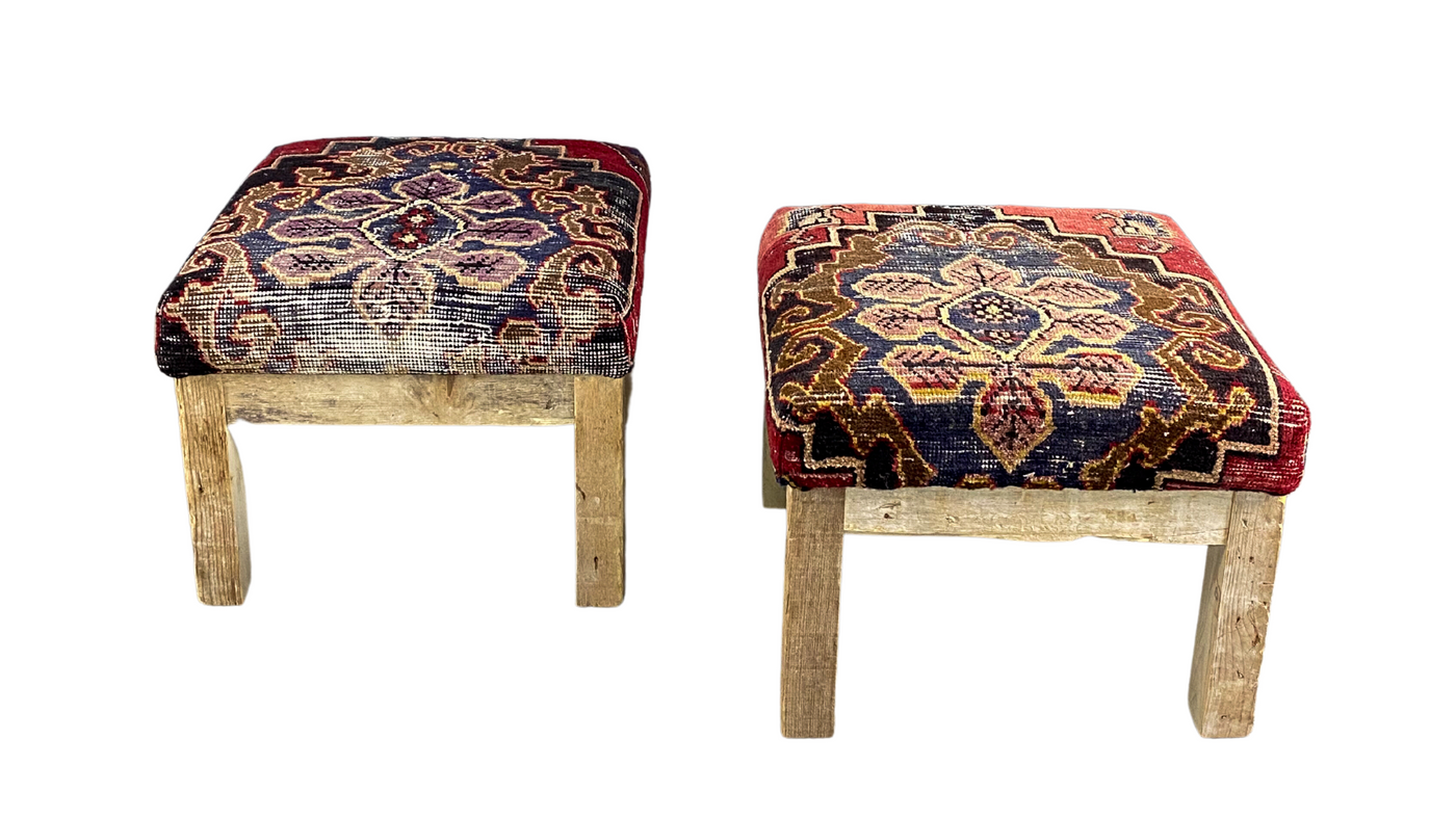 1960s Turkish Kilim square stool, recycled wood frame