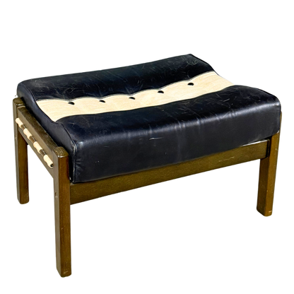 Post Modern : black leather and canvas stool/ottoman, American