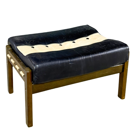 Post Modern : black leather and canvas stool/ottoman, American