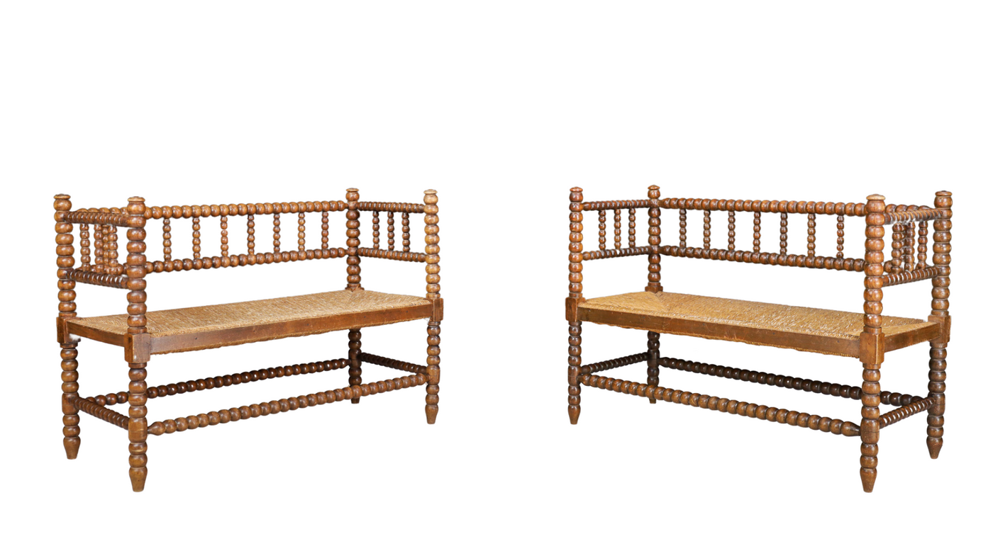 1940s French 40" bobbin bench with rush seating