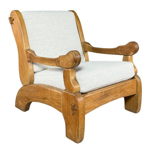 1970s French : pair of solid oakwood brutalist lounge chairs