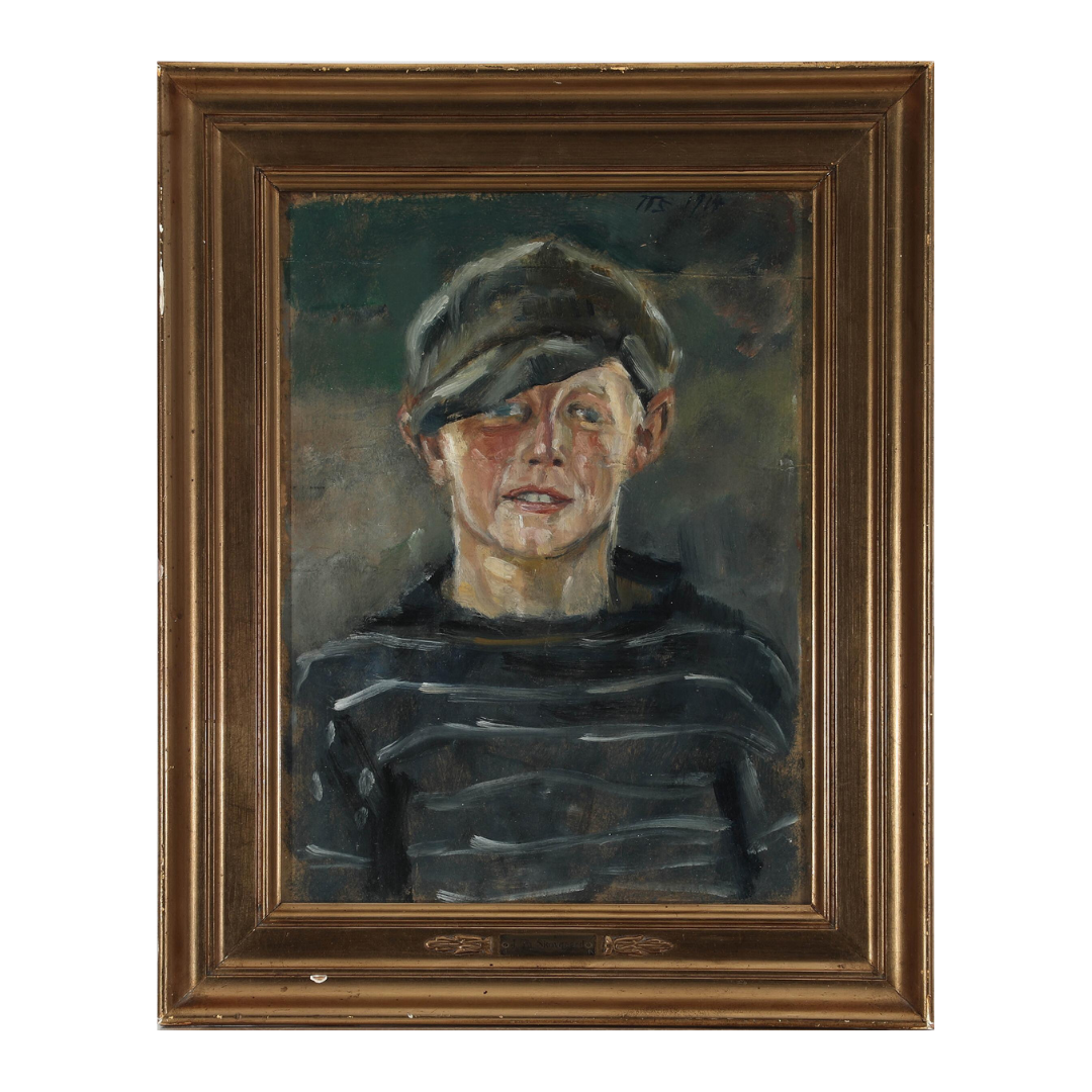 Johan Thomas Skovgaard : portrait of a boy in striped shirt & cap