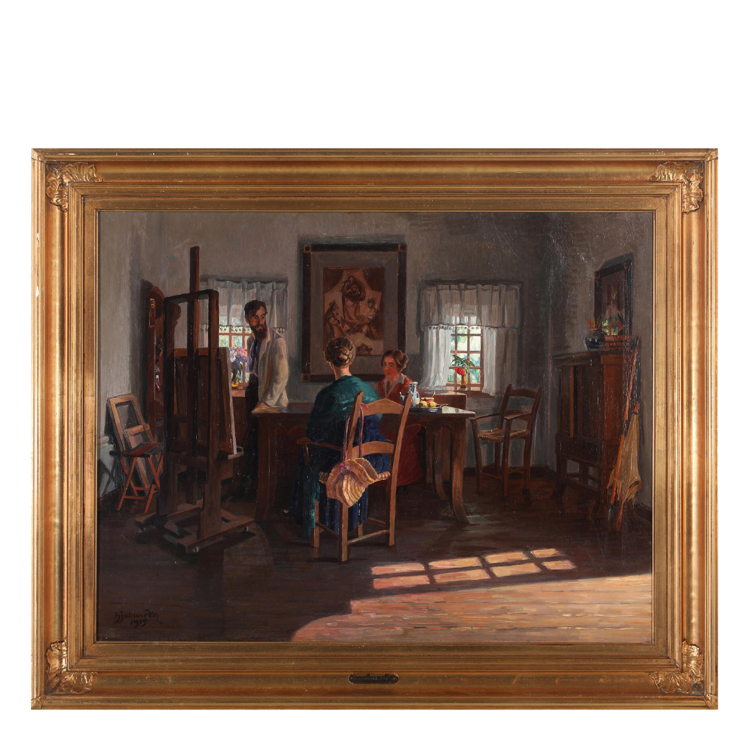 c1915 Hjalmar Mattheissen : c1915 interior scene, artist w/easel