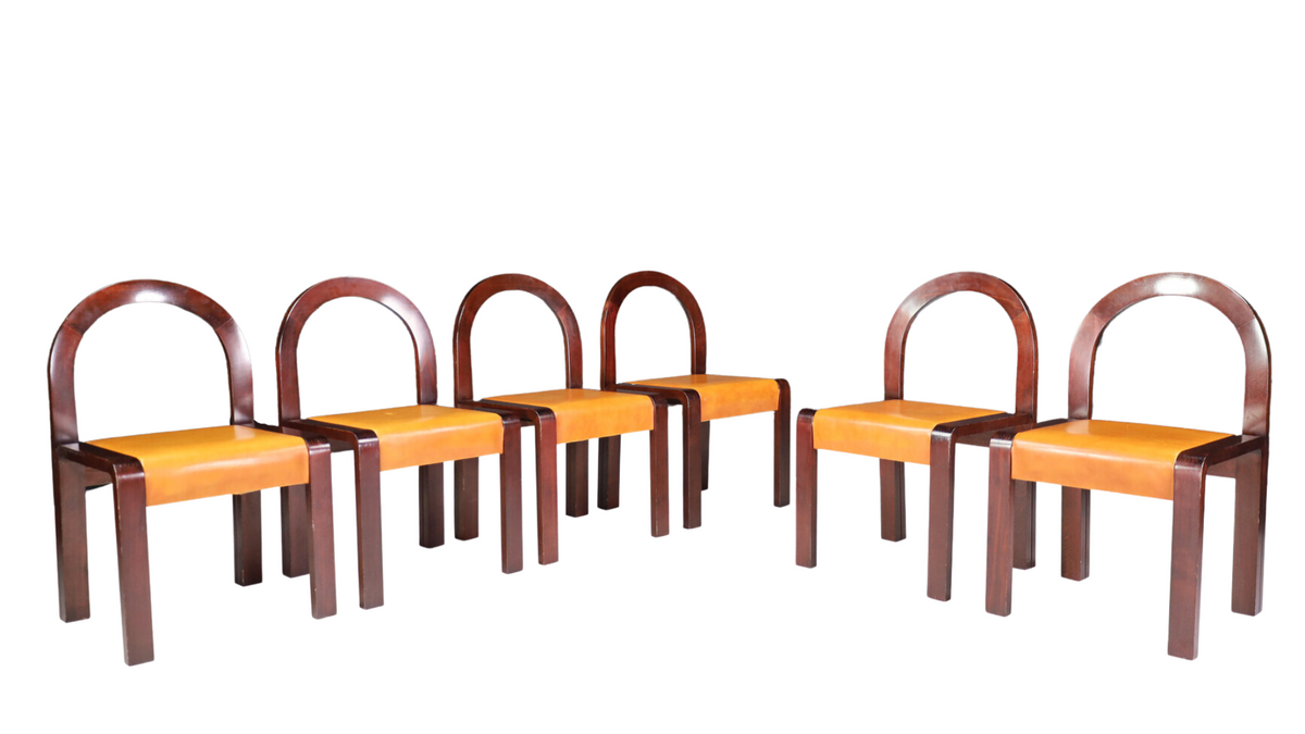 1970s Gae Aulenti (attr) : set six walnut & leather dining chairs, Italy