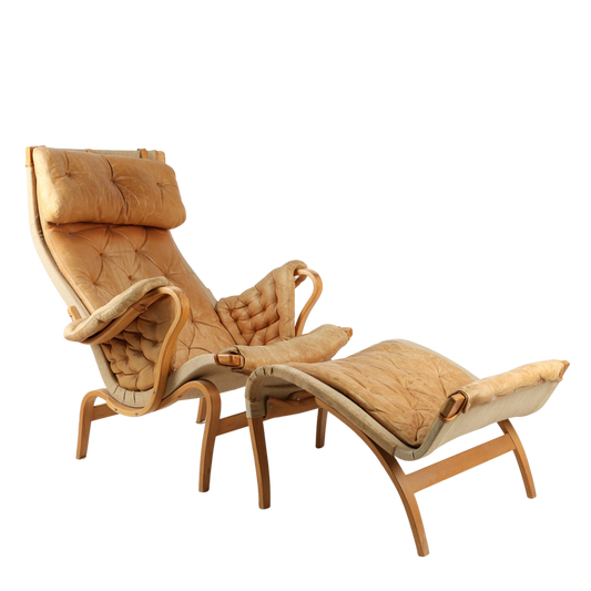 1970s Bruno Mathsson : light cognac leather "Pernilla" lounge chair + ottoman