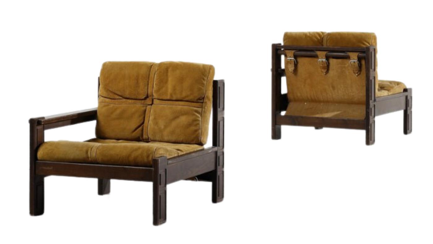 Pair 1970s Brazilian lounge chairs with suede