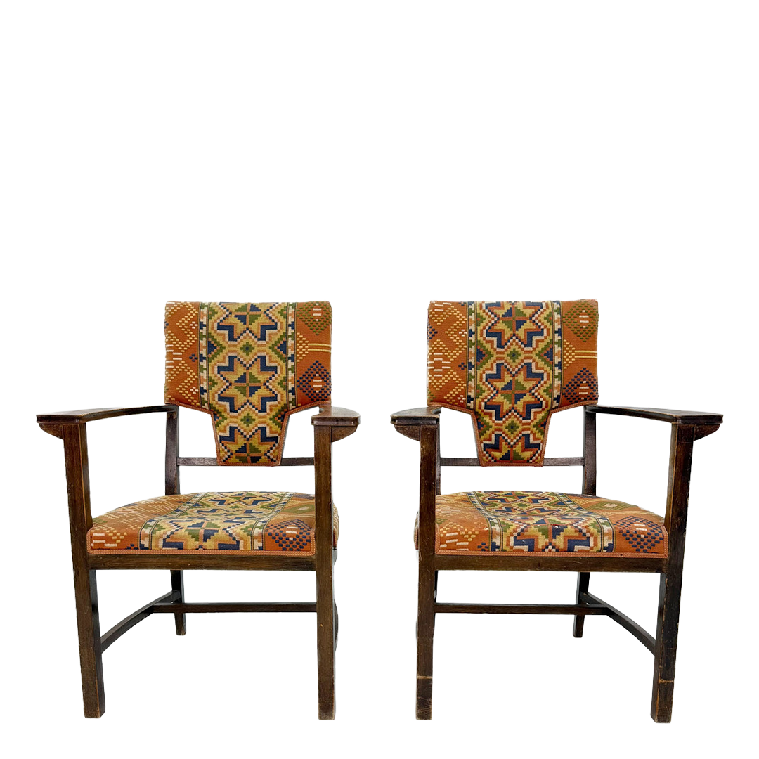 1940s Swedish : pair of solid oakwood paddle armchairs w/kilim upholstery