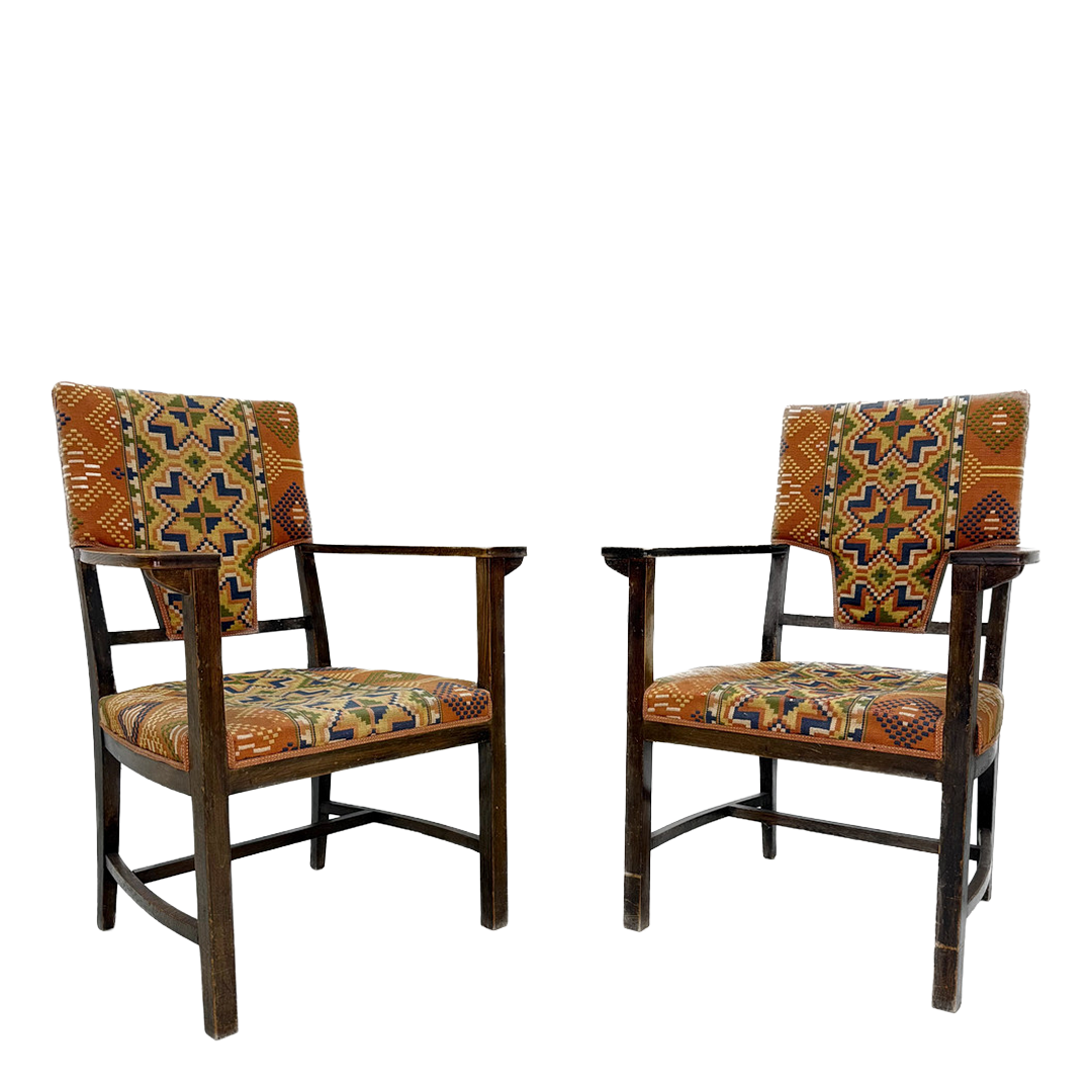 1940s Swedish : pair of solid oakwood paddle armchairs w/kilim upholstery