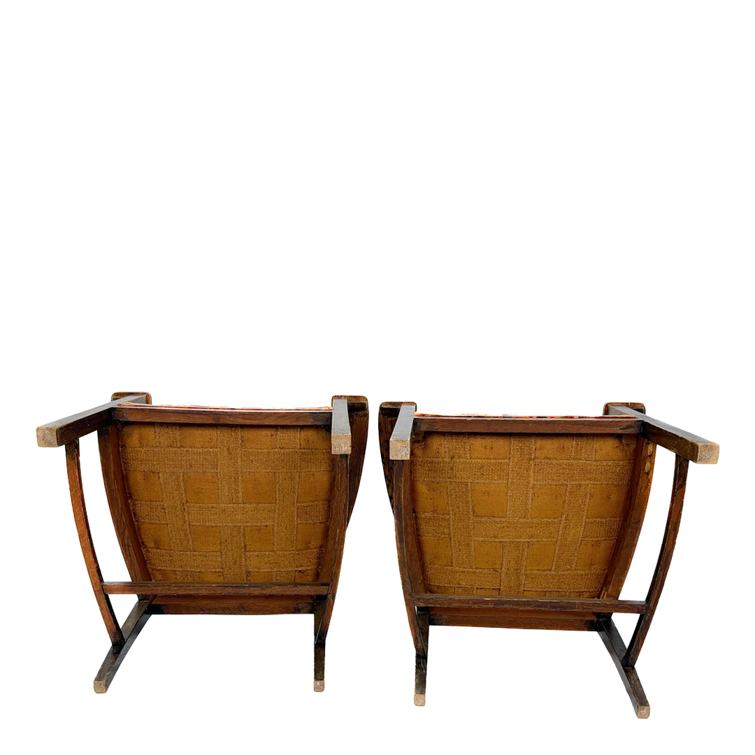1940s Swedish : pair of solid oakwood paddle armchairs w/kilim upholstery