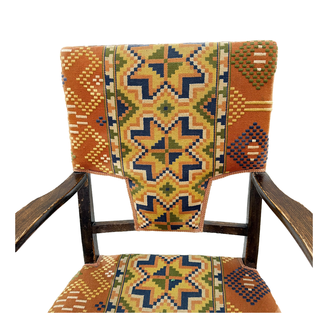 1940s Swedish : pair of solid oakwood paddle armchairs w/kilim upholstery