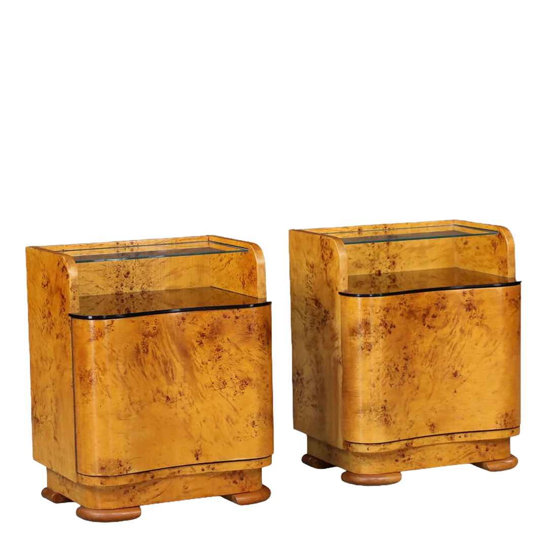 1930s Jindřich Halabala : pair light walnut veneer nightstands with rounded case