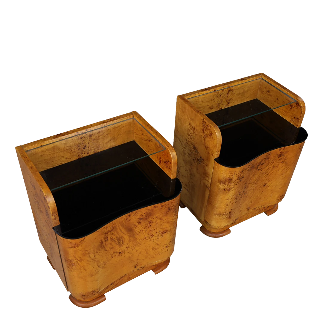 1930s Jindřich Halabala : pair light walnut veneer nightstands with rounded case