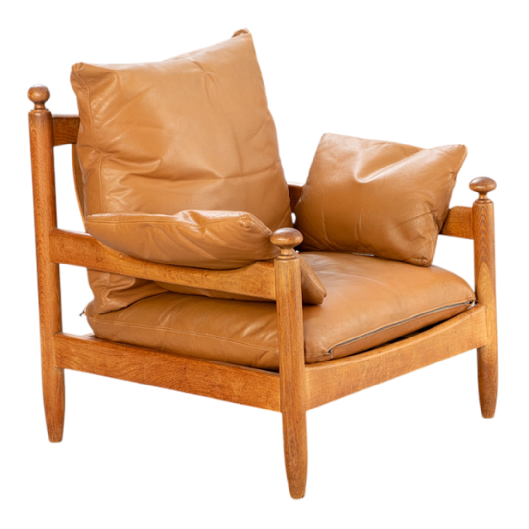 1970s German : solid oakwood and cognac leather lounge chair