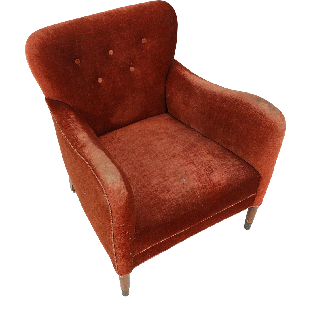 1940 Danish : late Art Deco mohair easy chair w/brass shoes