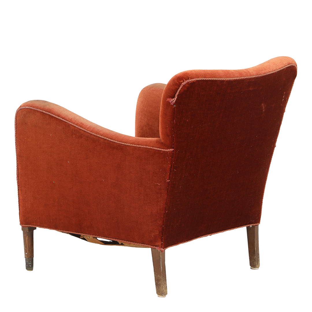 1940 Danish : late Art Deco mohair easy chair w/brass shoes
