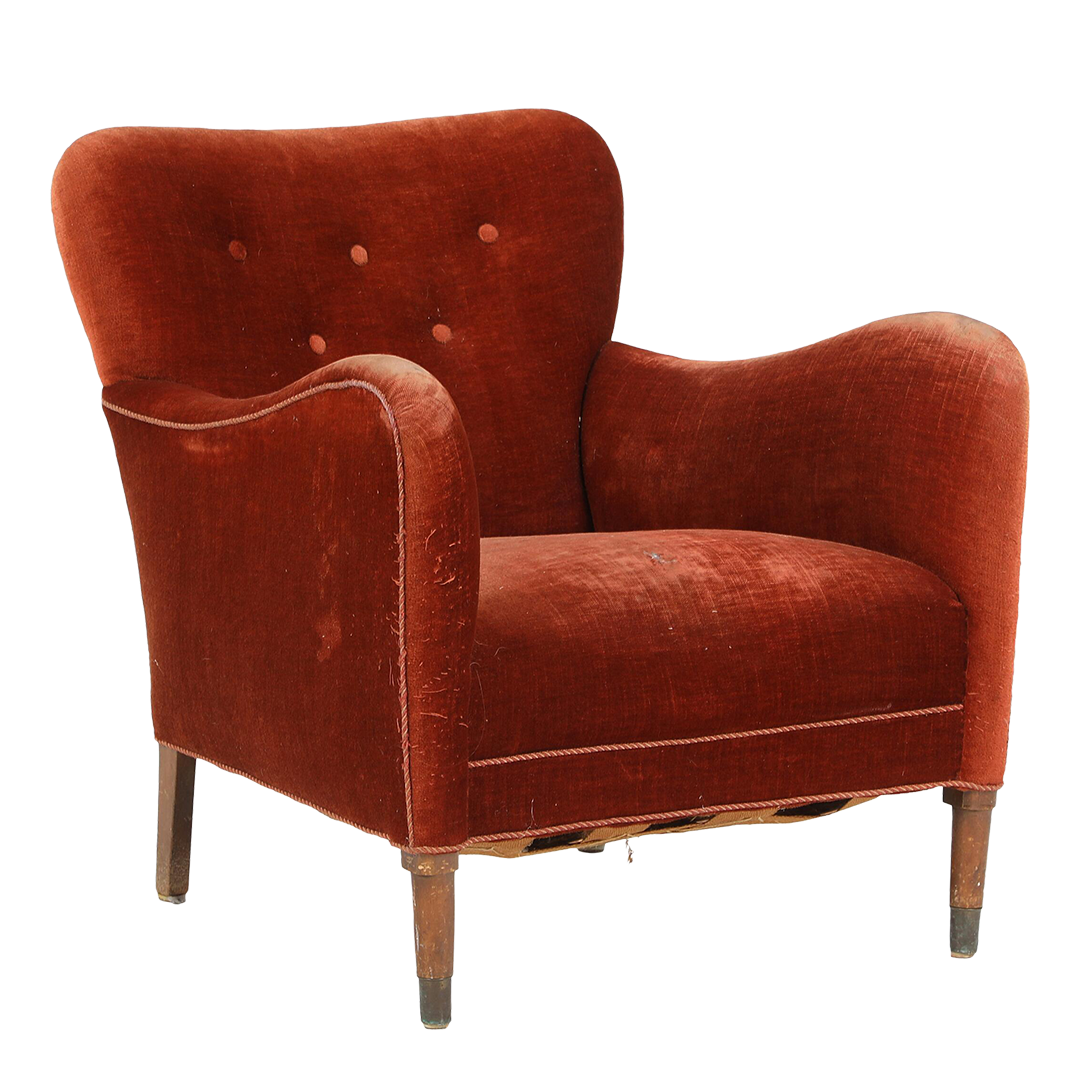 1940 Danish : late Art Deco mohair easy chair w/brass shoes