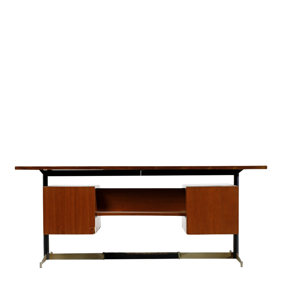 1960s Italian : large 70" teakwood & chromed metal desk