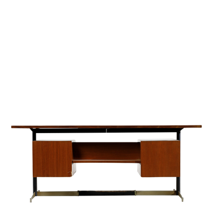 1960s Italian : large 70" teakwood & chromed metal desk