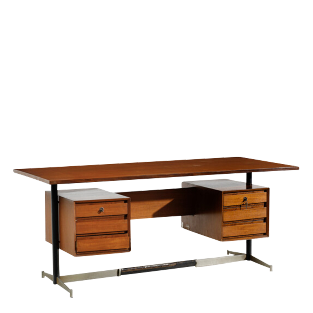 1960s Italian : large 70" teakwood & chromed metal desk