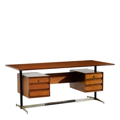 1960s Italian : large 70" teakwood & chromed metal desk