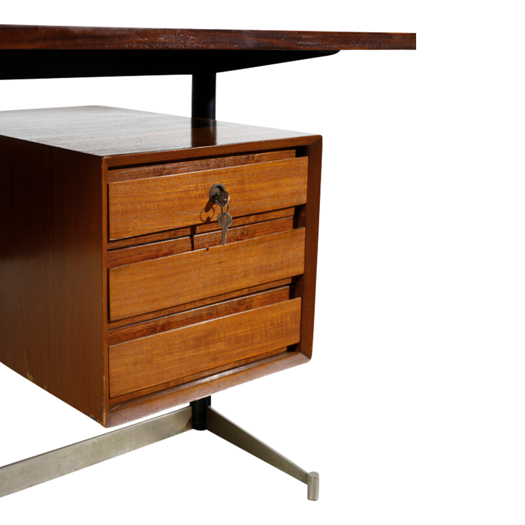 1960s Italian : large 70" teakwood & chromed metal desk