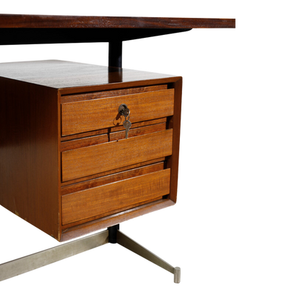 1960s Italian : large 70" teakwood & chromed metal desk