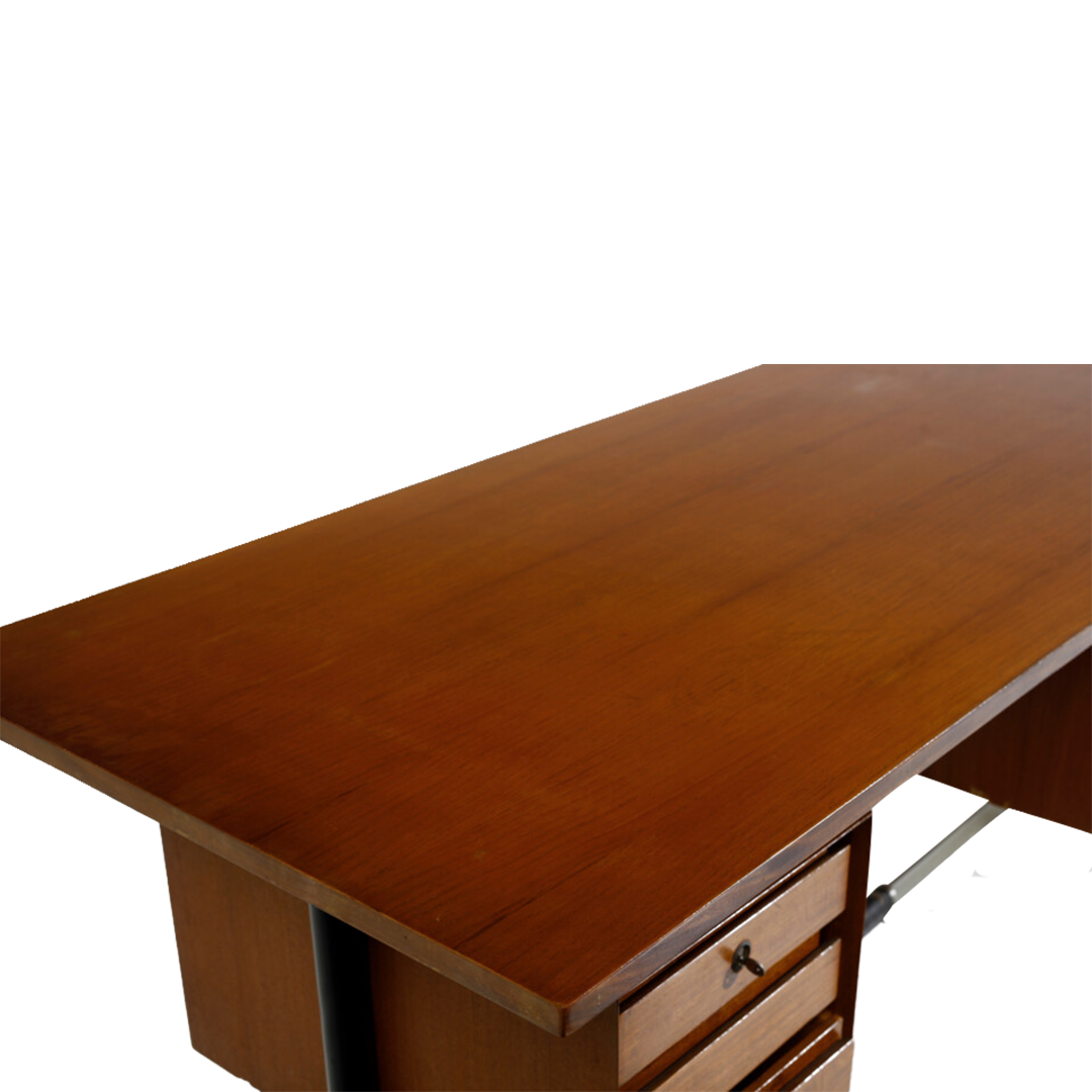 1960s Italian : large 70" teakwood & chromed metal desk